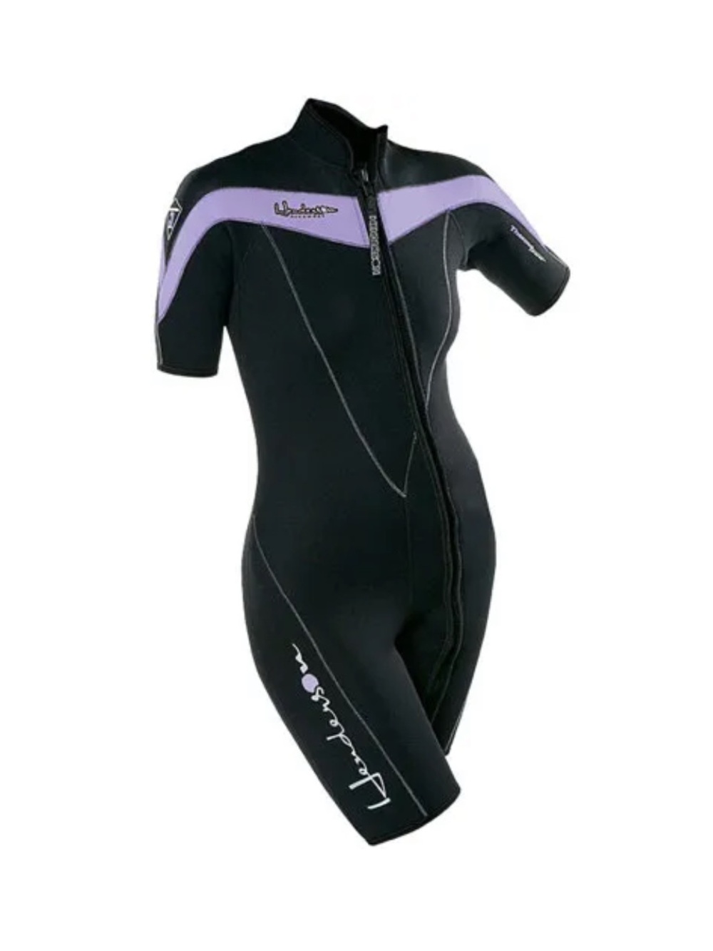 Front-Zip Women's Shorty Wetsuit in Black with Lilac Accents